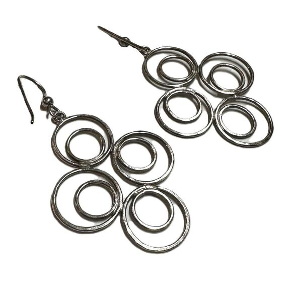 Hammered Silver Circle Dangle Earrings Geometric Modernist - Picture 3 of 4